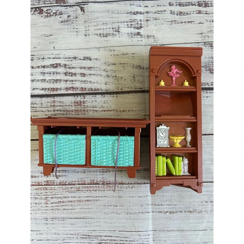 Fisher Price Loving Family Dollhouse Furniture Kids Brown Teal Bookshelf Console